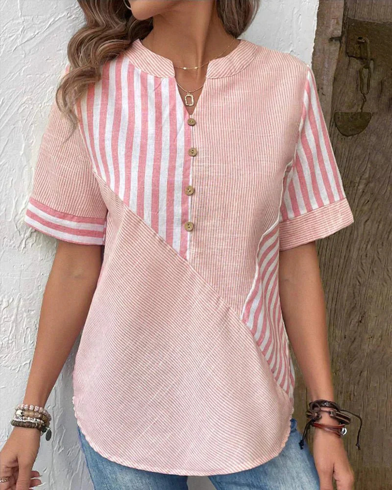 Jamie | Stribet bluse med farvefelter i Rosa, nærbillede