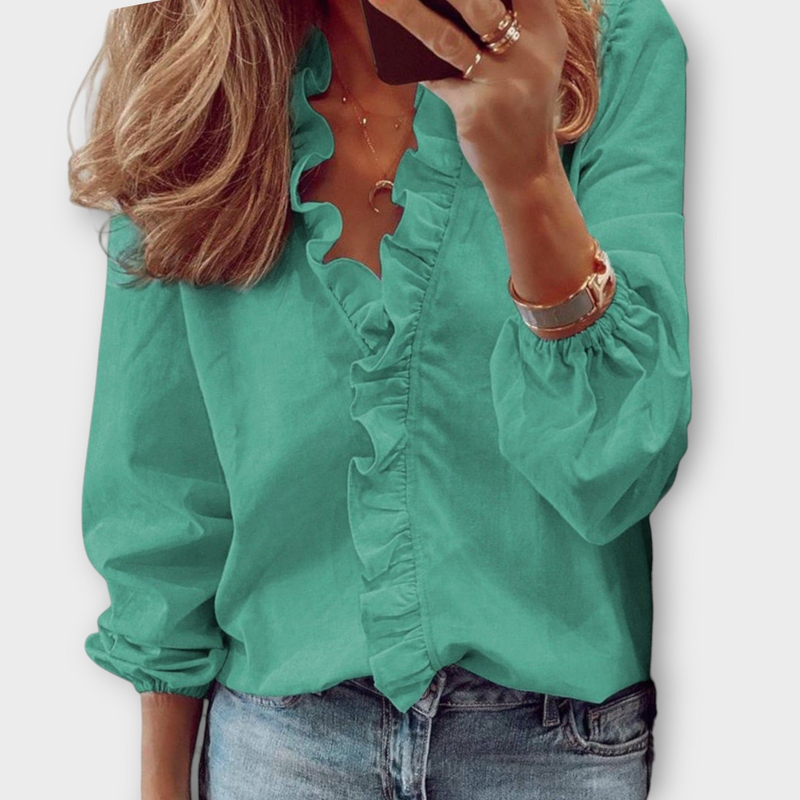 Josefine | Bluse med Flæser i Mintgrøn, forfra