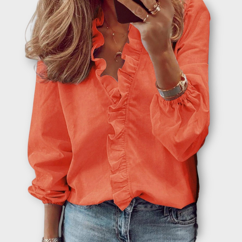 Josefine | Bluse med Flæser i Orange, forfra