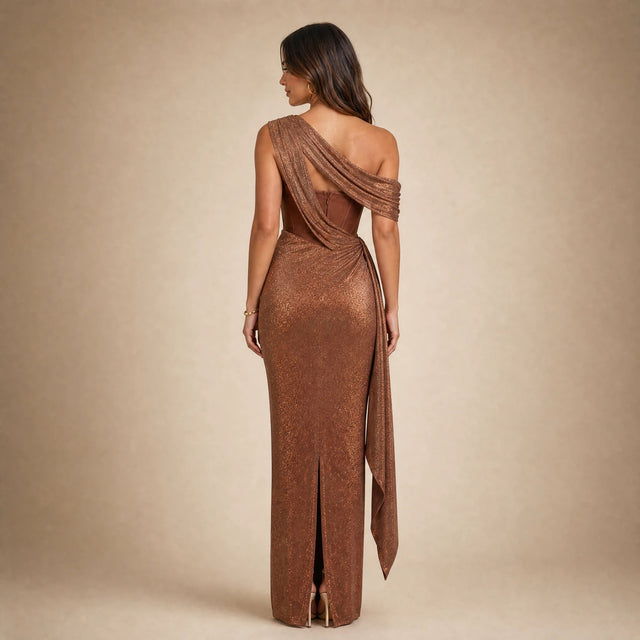Juniper | Women's One-Shoulder Draped Maxi Dress in Brown, view 2