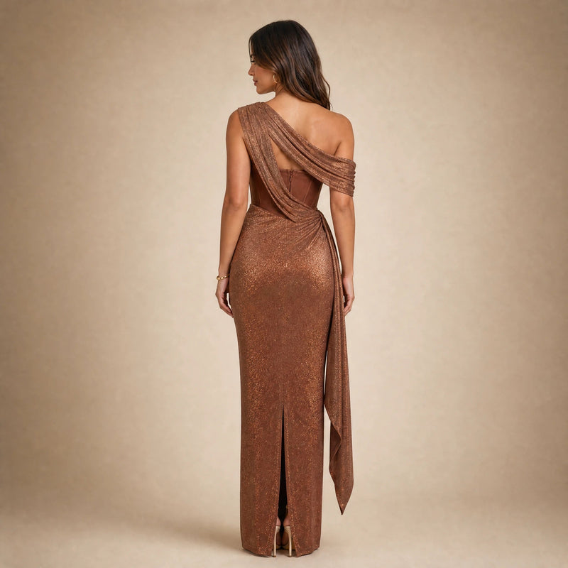 Juniper | Women's One-Shoulder Draped Maxi Dress in Brown, view 2