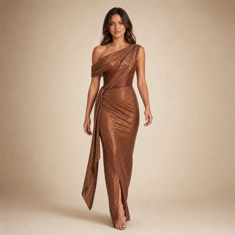 Juniper | Women's One-Shoulder Draped Maxi Dress in Brown, view 3