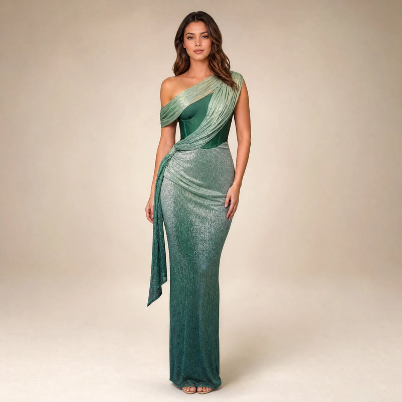 Juniper | Women's One-Shoulder Draped Maxi Dress in Green, view 1