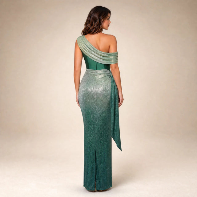 Juniper | Women's One-Shoulder Draped Maxi Dress in Green, view 2