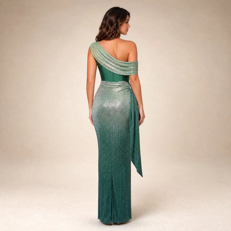Juniper | Women's One-Shoulder Draped Maxi Dress in Green, view 2