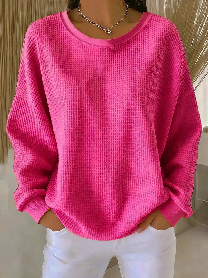 Striktrøje Dame Struktureret, Rund Hals i Fuchsia, produktbillede