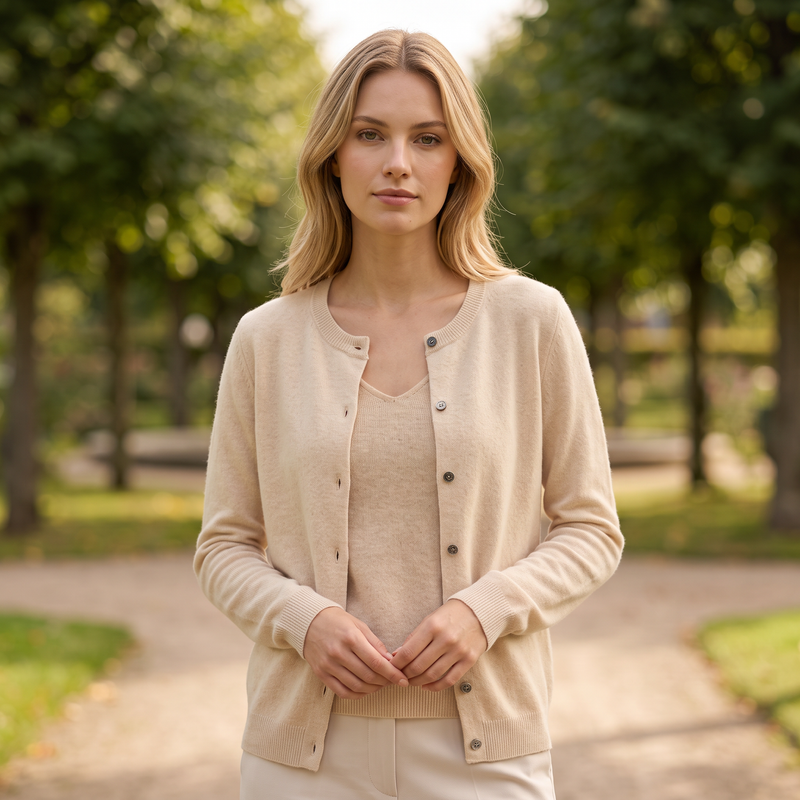 Louise | Cardigan med Rund Hals i Beige, forfra
