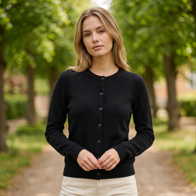Louise | Cardigan med Rund Hals i Sort, forfra