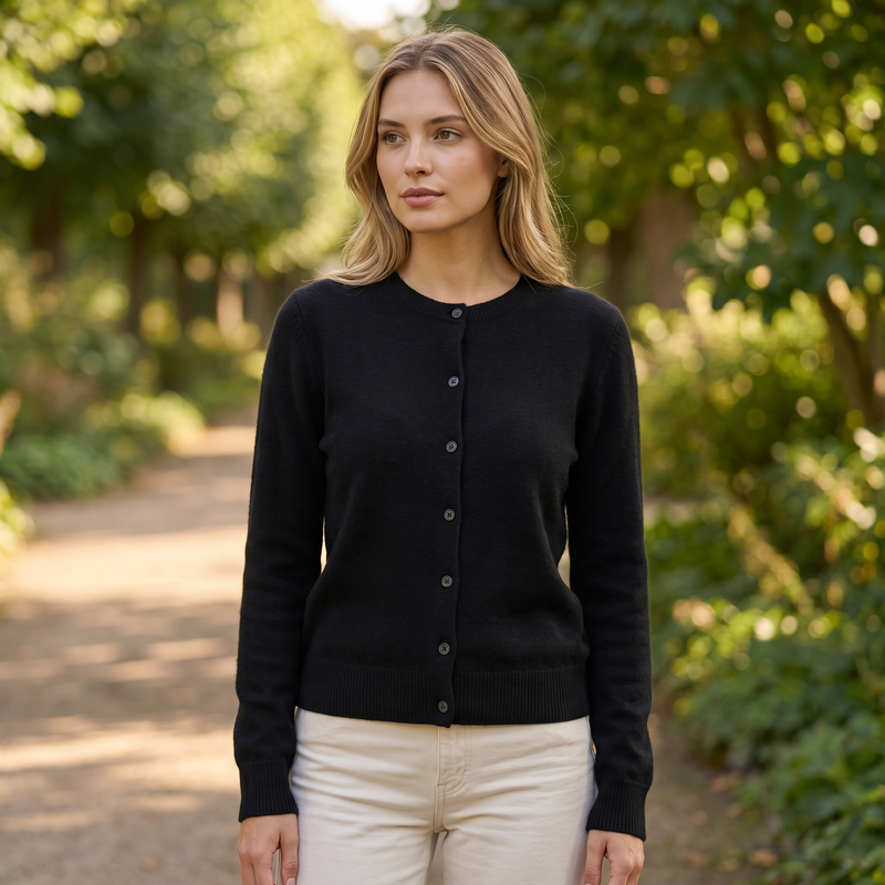 Louise | Cardigan med Rund Hals i Sort, nærbillede
