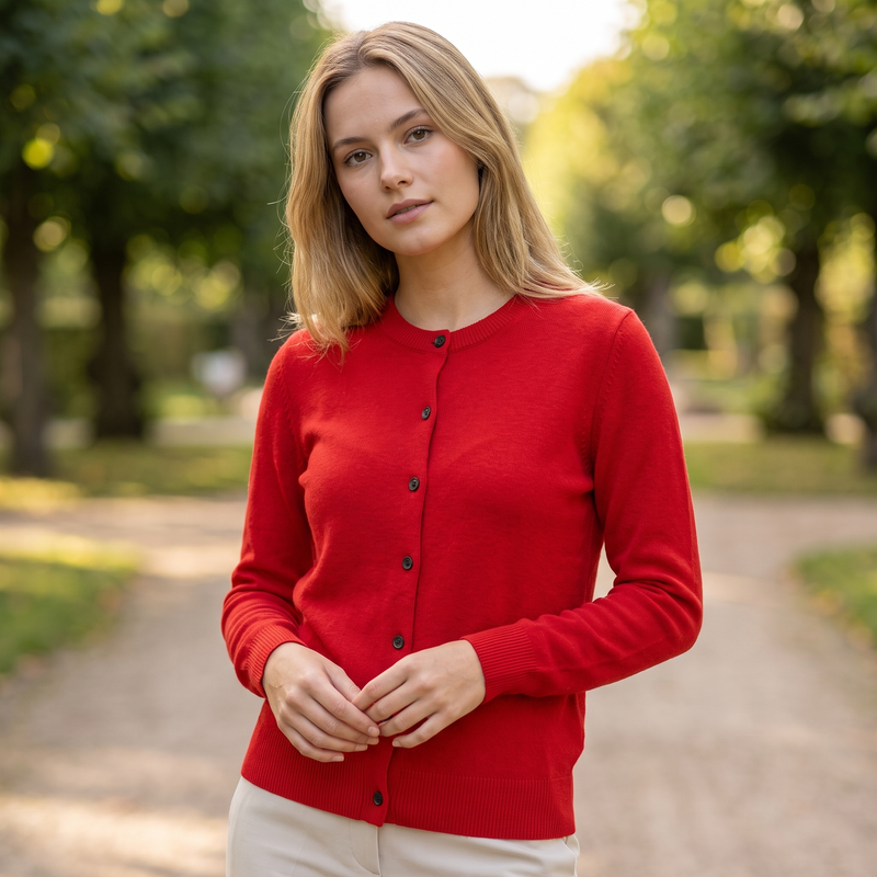Louise | Cardigan med Rund Hals i Rød, forfra