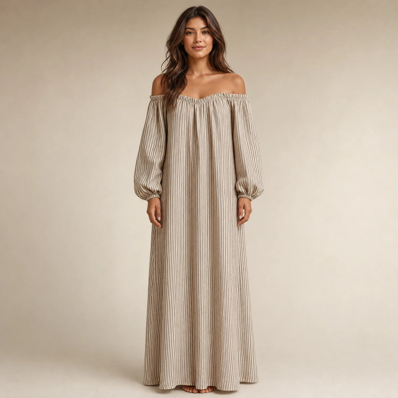 Lucia | Skulderfri Maxikjole i Beige, studie forfra