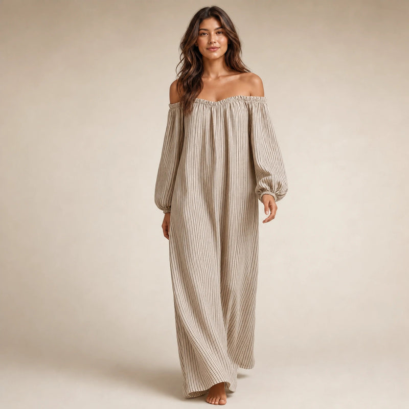 Lucia | Skulderfri Maxikjole i Beige, studie bagfra