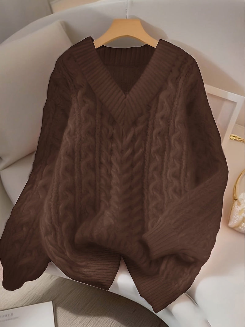 Maja | V-hals Sweater i Cableknit i Brun, flat lay
