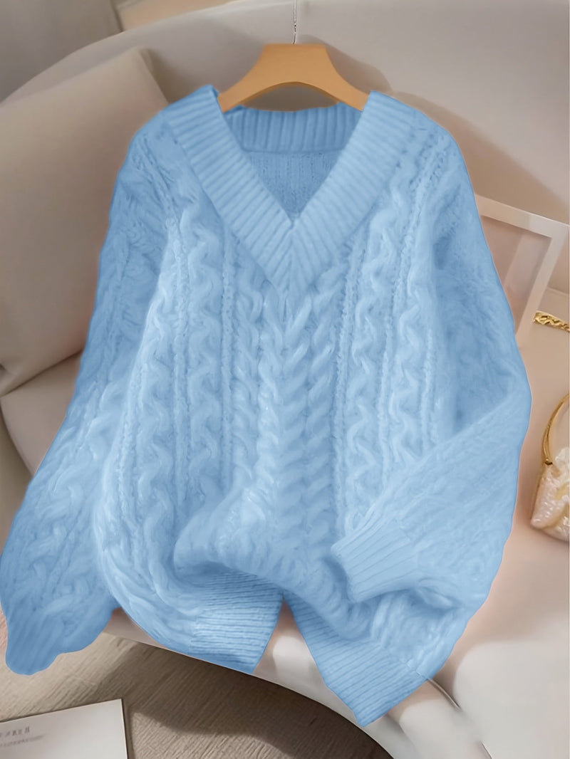 Maja | V-hals Sweater i Cableknit i Lyseblå, flat lay