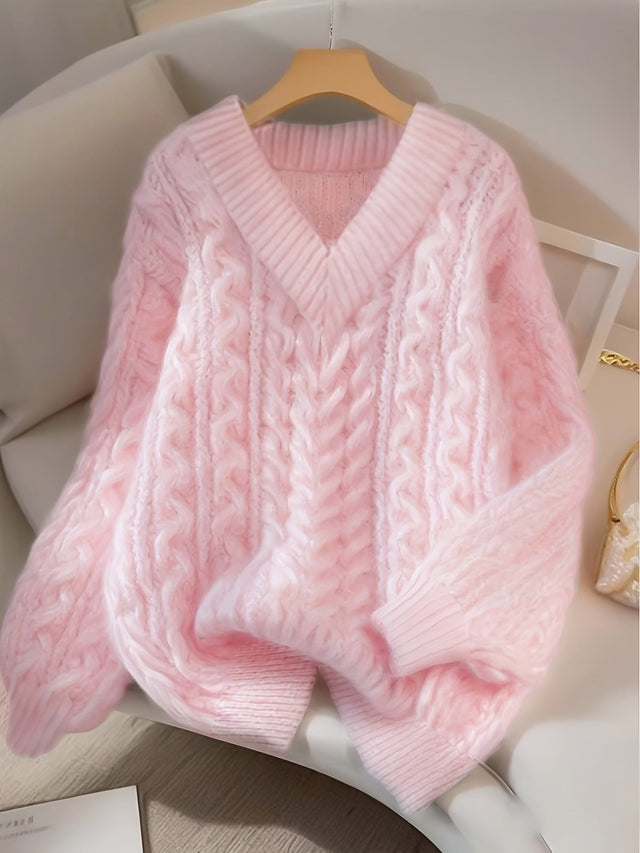 Maja | V-hals Sweater i Cableknit i Rosa, flat lay