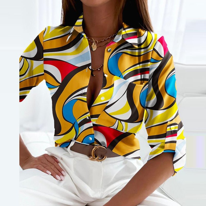 Maria | Printet Skjortebluse i Gult Labyrintprint, forfra