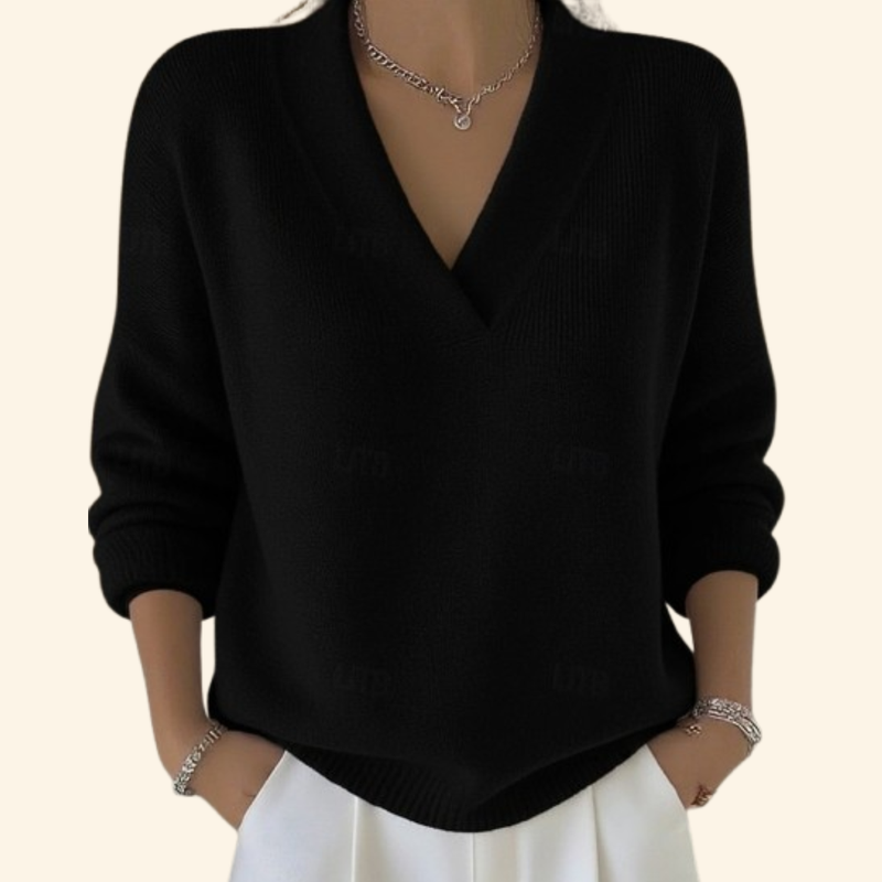 Marie | Sweater med V-hals i Sort, forfra