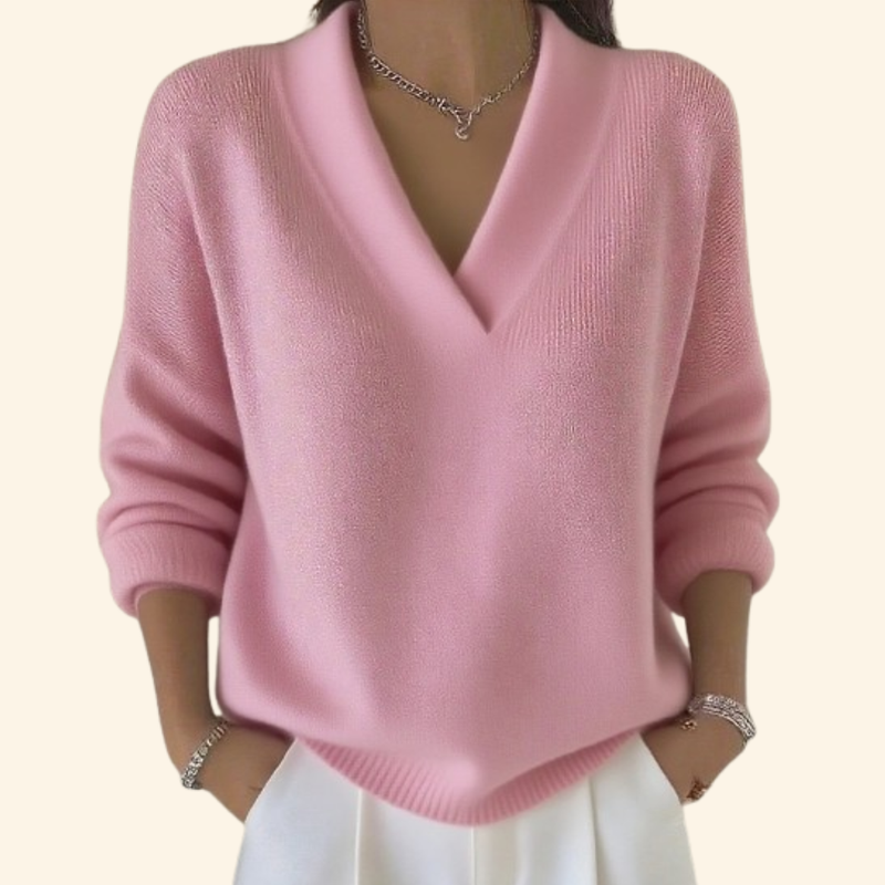 Marie | Sweater med V-hals i Rosa, forfra
