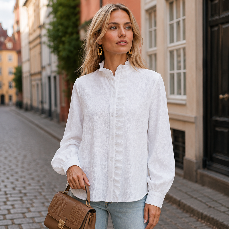 Marielle | Bluse med Flæsekrave i Hvid, forfra