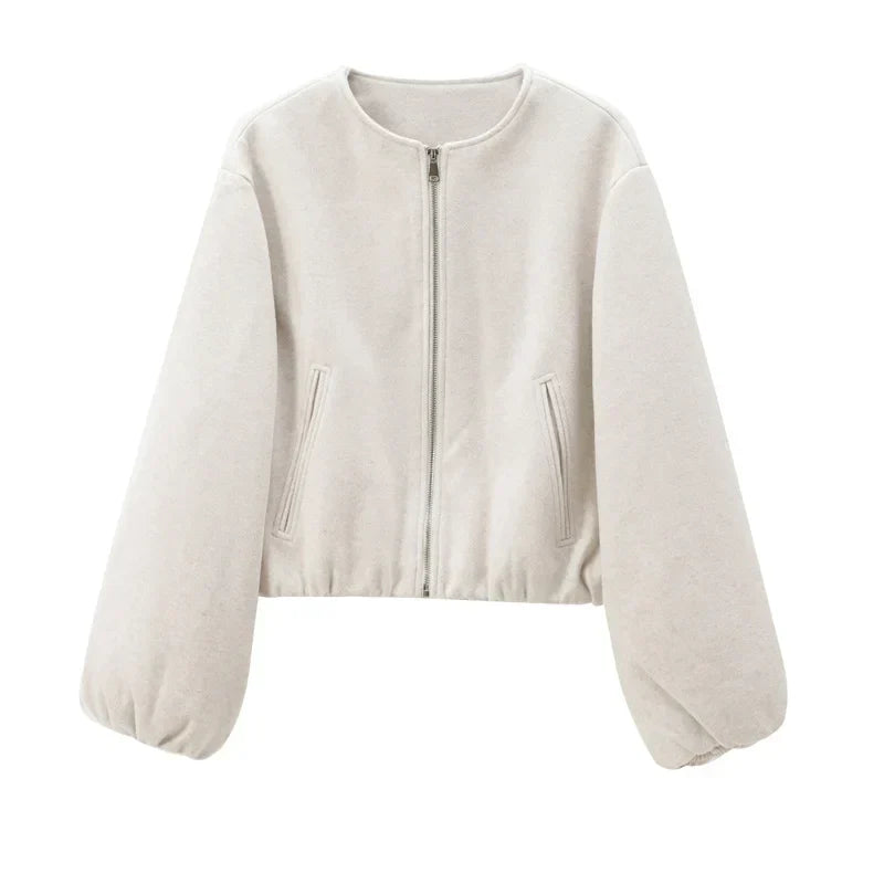 Marit | Cropped Jakke med Lynlås i Creme, flat lay