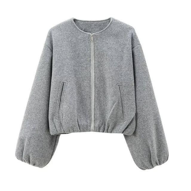 Marit | Cropped Jakke med Lynlås i Grå, flat lay