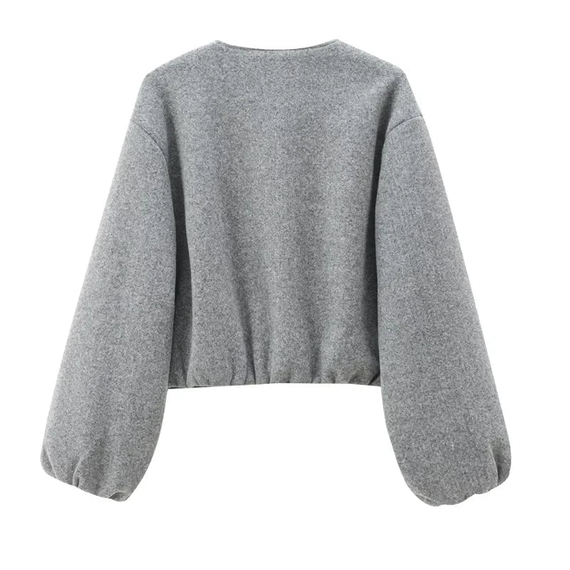 Marit | Cropped Jakke med Lynlås i Grå, flat lay