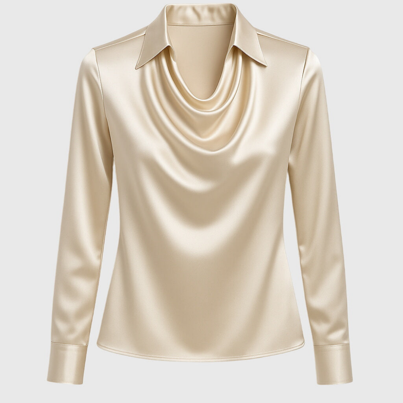 Marlowe | Satinbluse med Vandfaldskrave i Champagne, flat lay