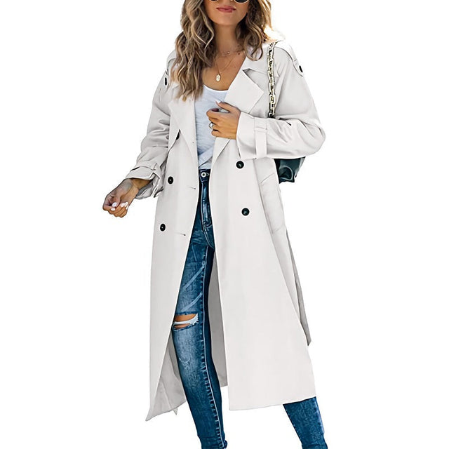 Frakke Dame Lang Dobbeltradet Trenchcoat i Hvid, produktbillede