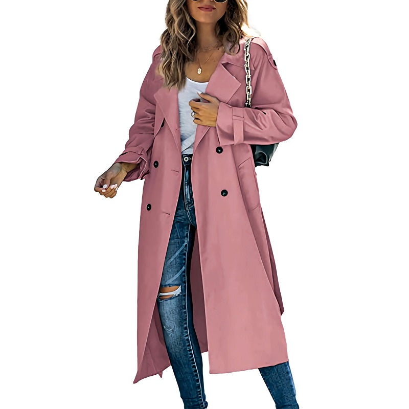 Frakke Dame Lang Dobbeltradet Trenchcoat i Lys Rosa, produktbillede