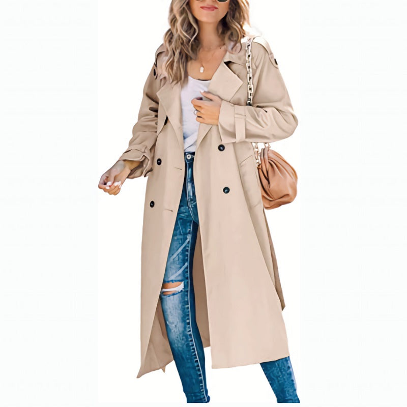 Frakke Dame Lang Dobbeltradet Trenchcoat i Khaki, produktbillede