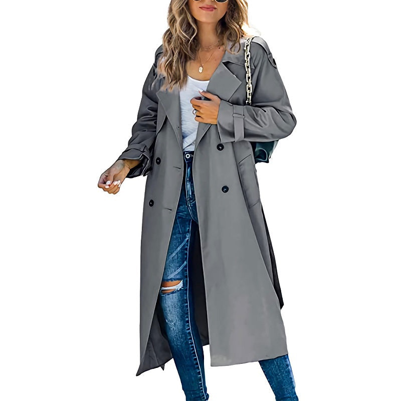 Frakke Dame Lang Dobbeltradet Trenchcoat i Grå, produktbillede