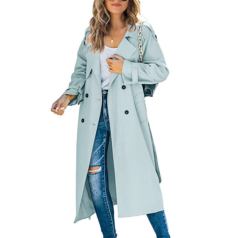 Frakke Dame Lang Dobbeltradet Trenchcoat i Lyseblå, produktbillede
