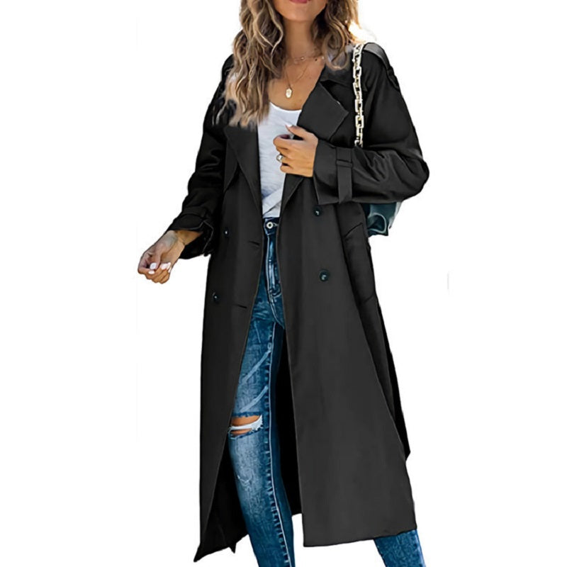 Frakke Dame Lang Dobbeltradet Trenchcoat i Sort, produktbillede