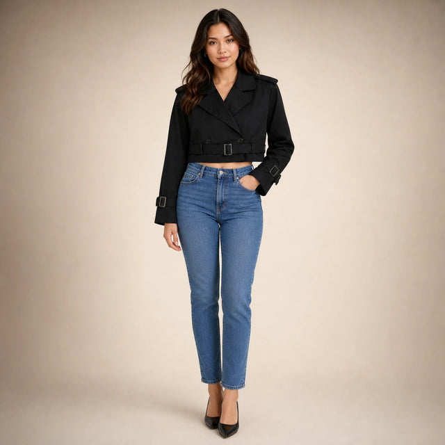 Mia | Women's Cropped Trench Coat, Double-Breasted Belted in Black, view 1