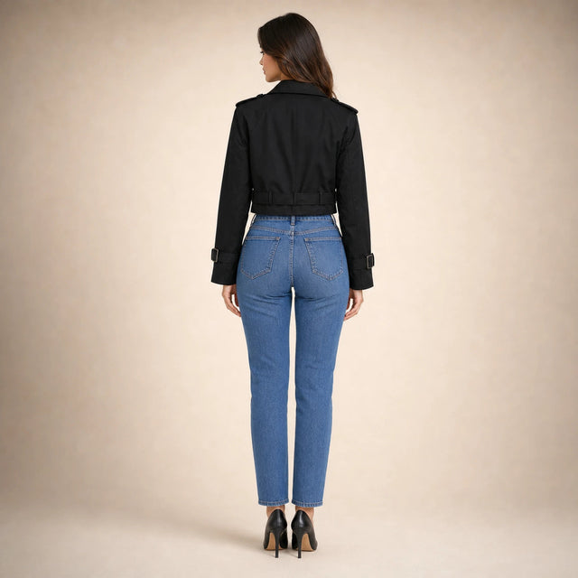 Mia | Women's Cropped Trench Coat, Double-Breasted Belted in Black, view 2