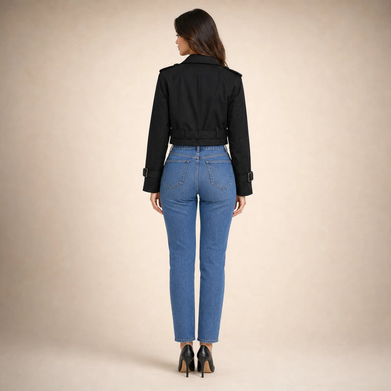 Mia | Women's Cropped Trench Coat, Double-Breasted Belted in Black, view 2