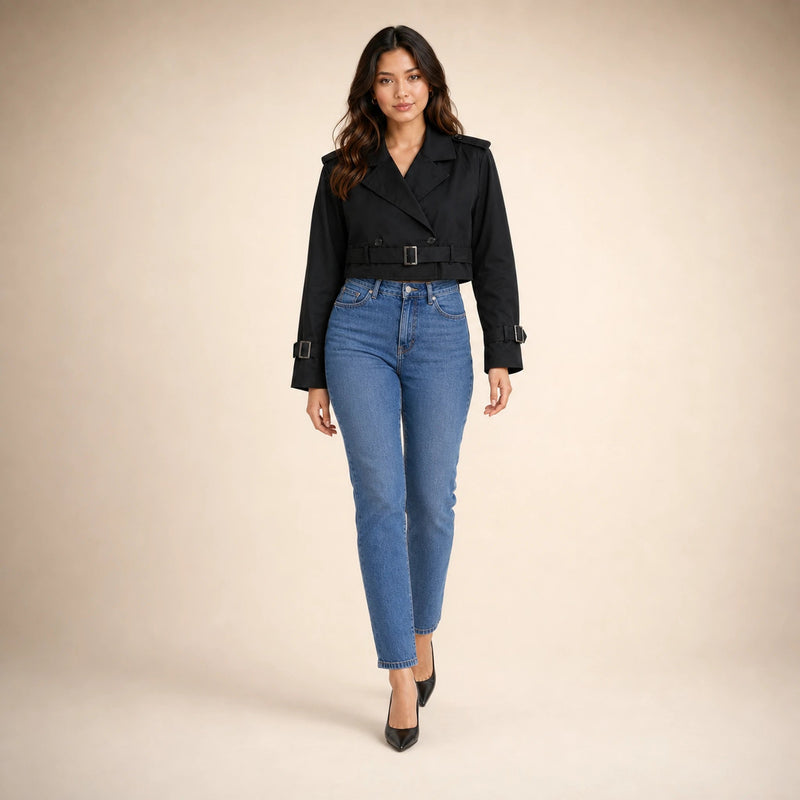 Mia | Women's Cropped Trench Coat, Double-Breasted Belted in Black, view 3