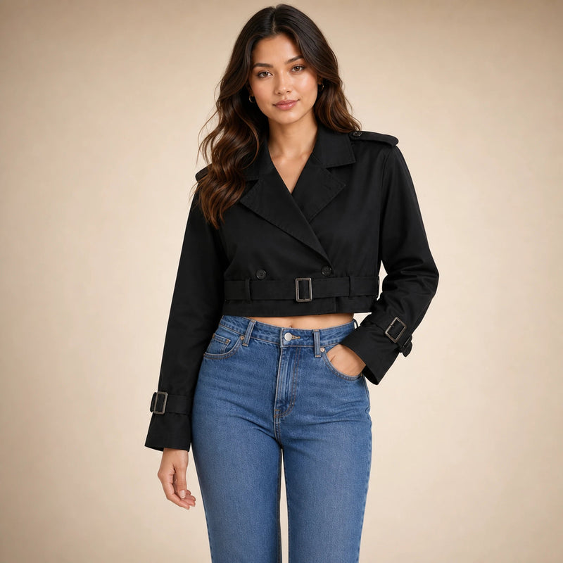 Mia | Women's Cropped Trench Coat, Double-Breasted Belted in Black, view 4