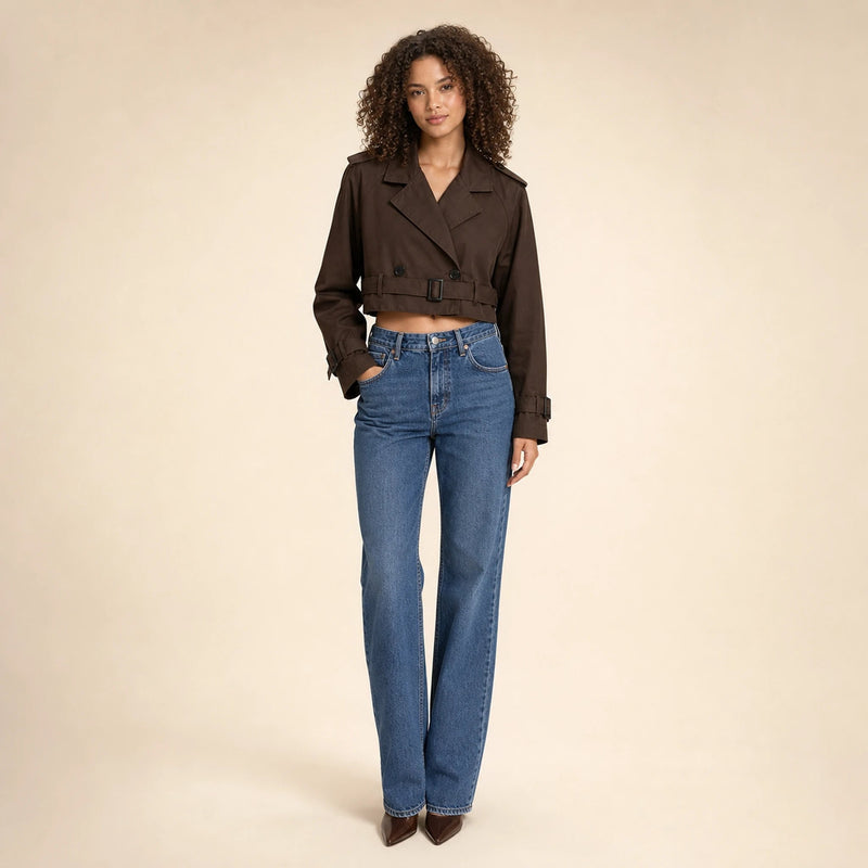 Mia | Women's Cropped Trench Coat, Double-Breasted Belted in Dark Brown, view 1