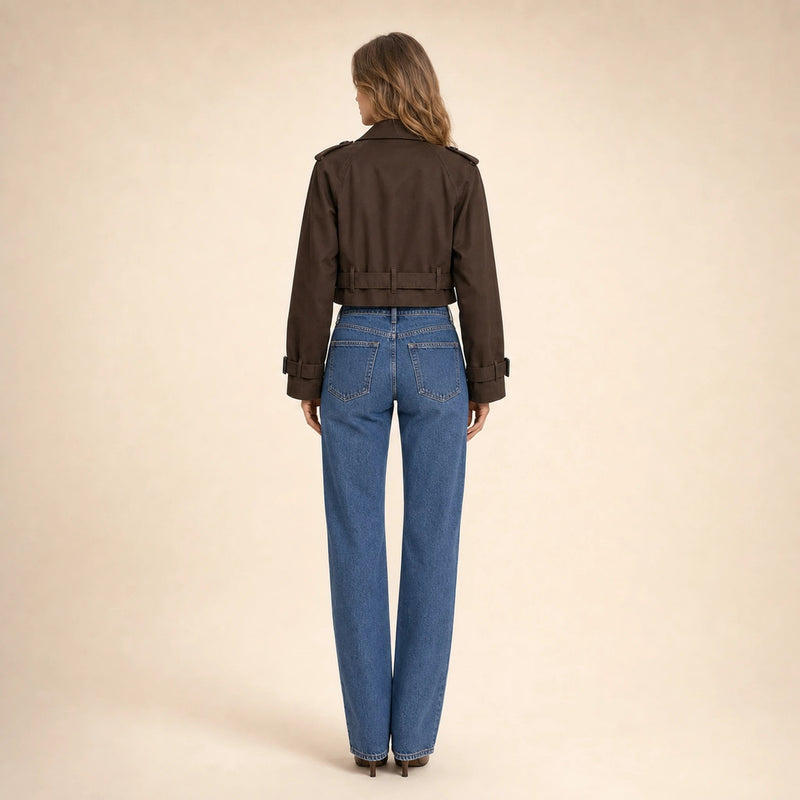 Mia | Women's Cropped Trench Coat, Double-Breasted Belted in Dark Brown, view 2