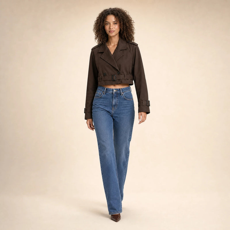 Mia | Women's Cropped Trench Coat, Double-Breasted Belted in Dark Brown, view 3