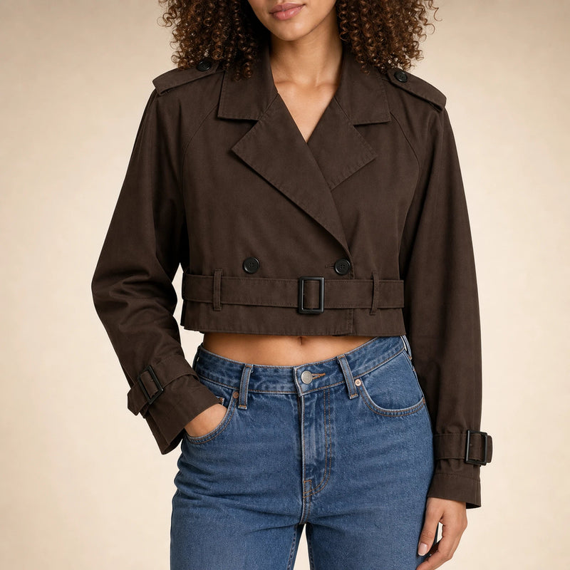 Mia | Women's Cropped Trench Coat, Double-Breasted Belted in Dark Brown, view 4
