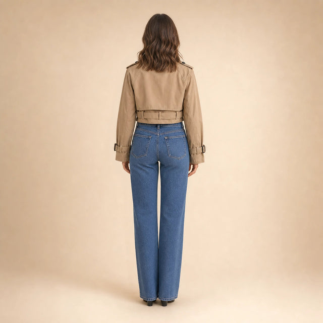 Mia | Women's Cropped Trench Coat, Double-Breasted Belted in Khaki, view 2