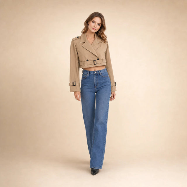 Mia | Women's Cropped Trench Coat, Double-Breasted Belted in Khaki, view 3
