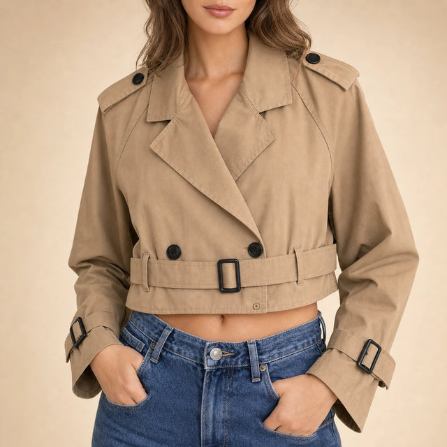 Mia | Women's Cropped Trench Coat, Double-Breasted Belted in Khaki, view 4