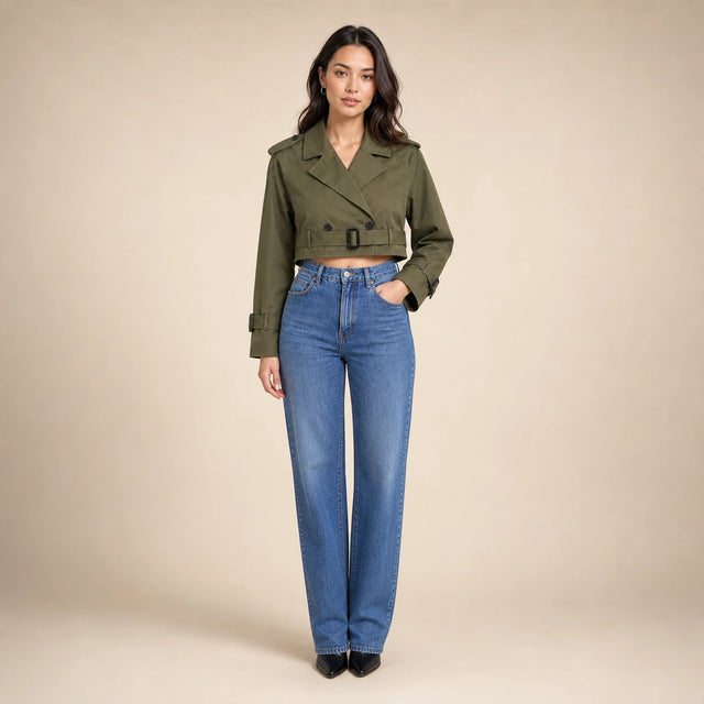 Mia | Women's Cropped Trench Coat, Double-Breasted Belted in Military Green, view 1