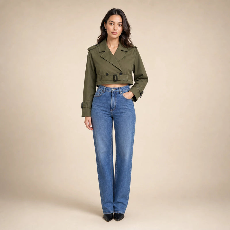 Mia | Women's Cropped Trench Coat, Double-Breasted Belted in Military Green, view 1