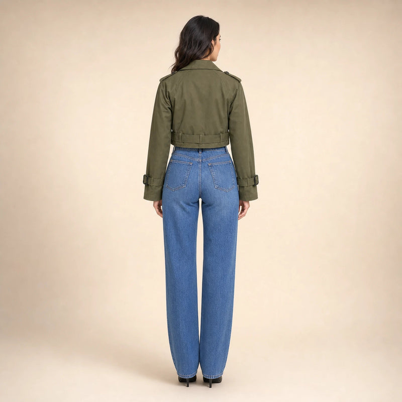 Mia | Women's Cropped Trench Coat, Double-Breasted Belted in Military Green, view 2