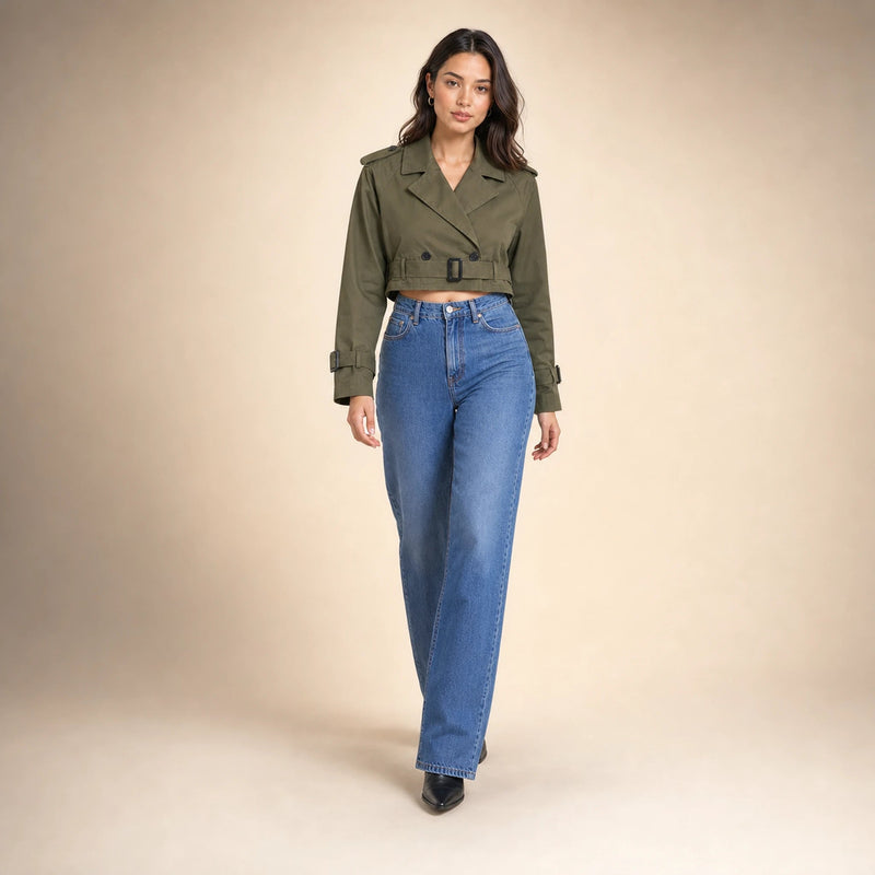 Mia | Women's Cropped Trench Coat, Double-Breasted Belted in Military Green, view 3