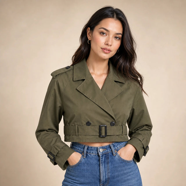 Mia | Women's Cropped Trench Coat, Double-Breasted Belted in Military Green, view 4